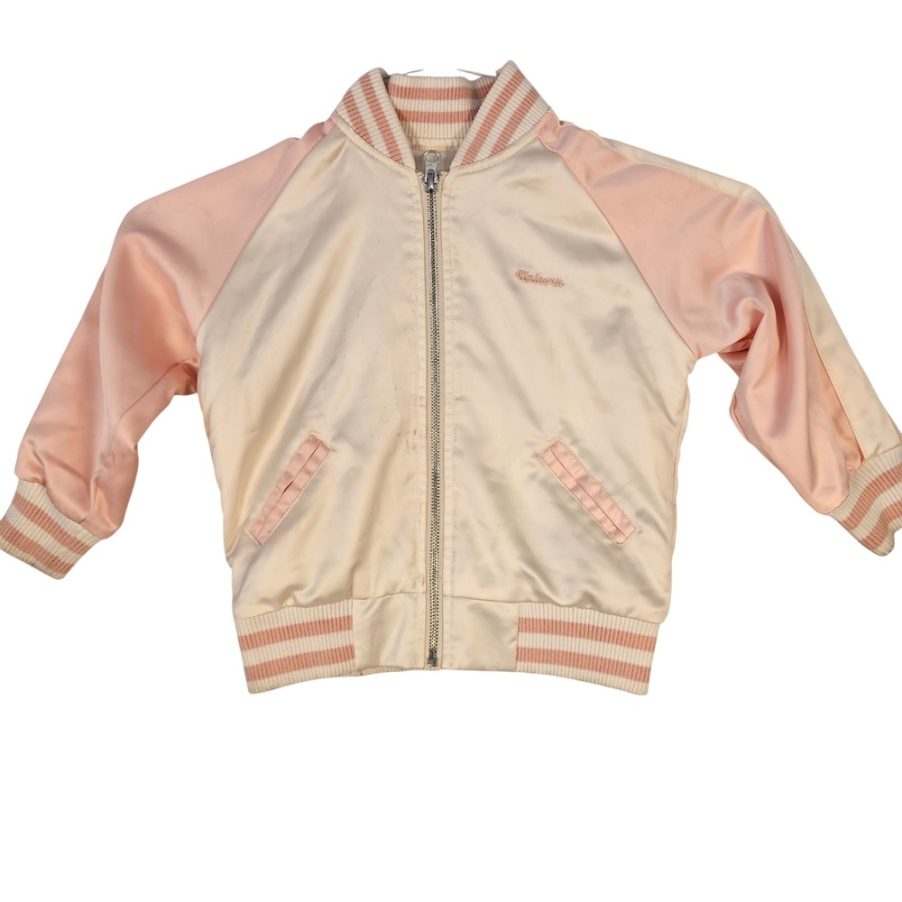 Unicorn Embroidered Satin Varsity Bomber Jacket Cream Pink Striped Trim